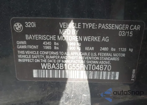 2015 BMW 320 I from USA, damaged, VIN WBA3B1G55FNT04870